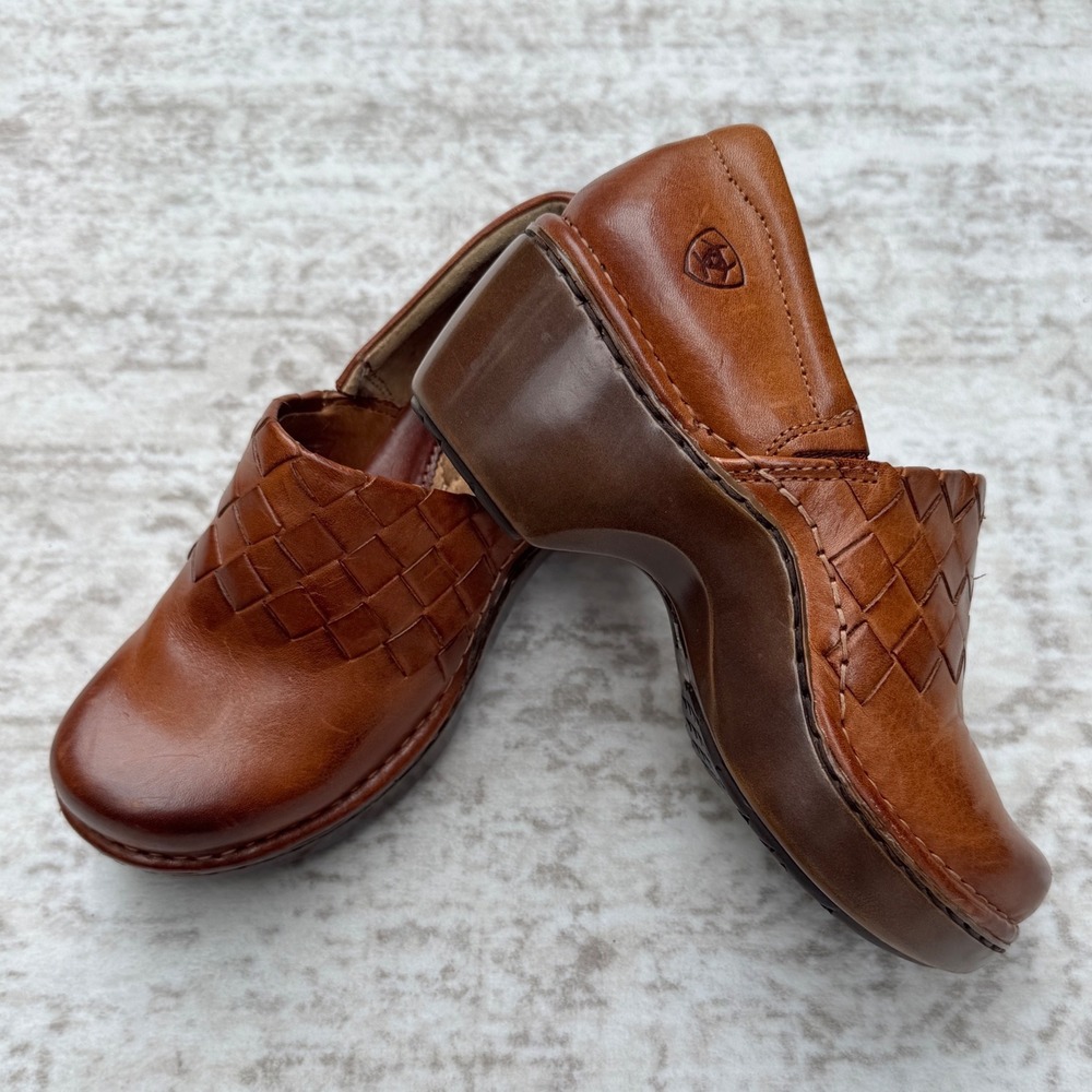 Ariat Women Cognac Brown Woven Leather Platform Wedge Clogs Mules Slip On Shoes